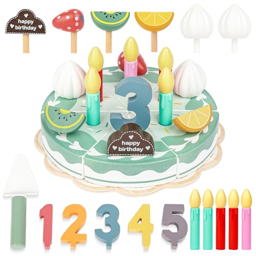 Ainiv Kinderküche Geburtstagstorte aus Holz, Spielküche Zubehör Geburtstagskuchen für Kinder, Holzspielzeug Kuchen zum Geburtstag, Küchenspielzeug Lebensmittel Spielzeug Rollenspiel Geschenke, Blau