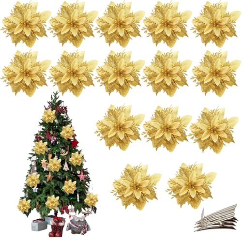 15 Stück Weihnachtsstern Blumen, Christbaumkugelnn mit Clips,Poinsettia Christmas Decorations, Goldene Weihnachtsdekoration für Weihnachtsbaum, Party, Hochzeit, Neujahr