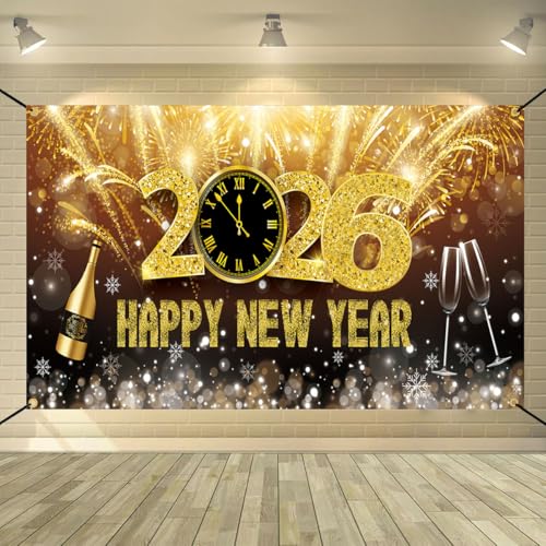 Silvester Deko 2026 Neujahrs Hintergrund Banner XXL Neujahr Dekoration, Happy New Year 2026 Stoff Banner für Silvester Thema Party Indoor und Outdoor