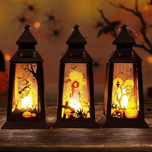 3 Stück Halloween Deko Kürbis Laterne, Halloween Herbstdeko Innen Outdoor mit LED Kürbis Kerze, Halloweendeko Aesthetic Draußen, Herbst Kerze Gartendeko mit Batterie, Helloween-deko Leuchtend Set