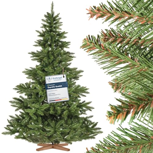 FairyTrees Weihnachtsbaum künstlich 220cm NORDMANNTANNE mit Christbaum Holzständer | TESTSIEGER Tannenbaum künstlich mit grünem Stamm | Made in EU