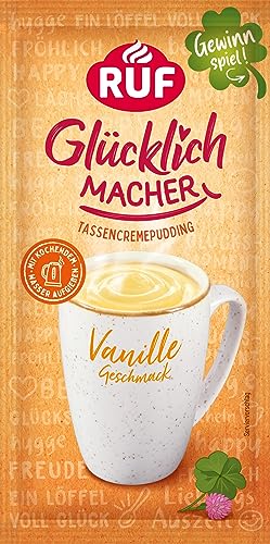 RUF Glücklichmacher Tassenpudding Vanille-Geschmack, Cremepudding für schnelle Desserts, Tassencremepudding, nur Wasser hinzufügen, 1 x 59g Beutel