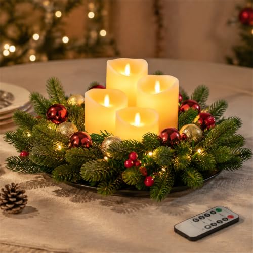 Sziqiqi Künstlicher Adventskranz mit 4 LED-Kerzen, Fernbedienung & Tablett