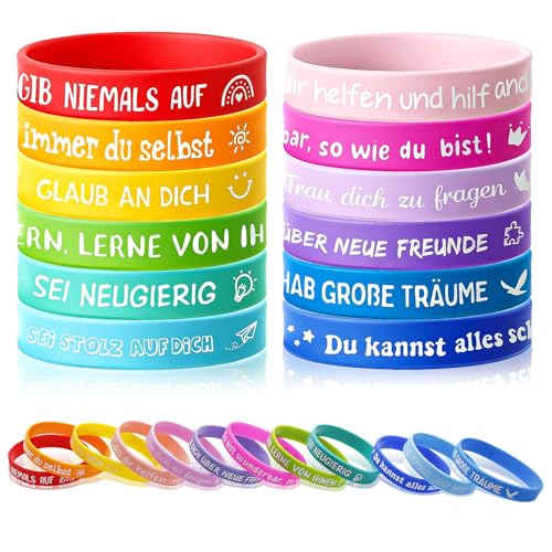 Nokwocy 24 Stück Motivationsarmbänder Kinder, 20,2cm Deutsch Silikonarmband mit Positiven Sprüchen, Motivationsarmbänder für Teens Einschulung Geschenk Abschiedsgeschenk
