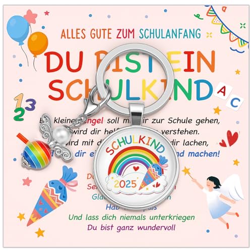 YISCOKO Einschulung Geschenk Schutzengel Schlüsselanhänger -Geschenke zur Einschulung Schulanfang Mädchen Glücksbringer-Schulkind Schultüte-hübsche Grußkarte und eine exquisite Geschenkbox bei
