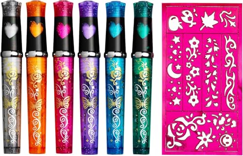 Panduro Tattoo Stifte Kinder Tattoo-6er Set Glitter Tattoo Stifte Kinder Hautfreundlich mit 1 Schablone mit unterschiedlichem Muster– Perfekt für Mädchen, Geburtstagsfeiern, Karneval und Weihnachten