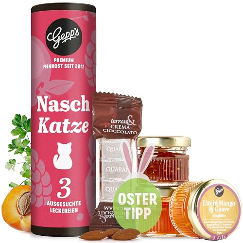 Gepp’s Feinkost Geschenkset “Naschkatze” I 3 Mini-Marmeladengläser als Probierset in den Geschmacksrichtungen Litschi-Guave-Mango, Aprikose-Yuzu & Feige I Gourmet Geschenkset