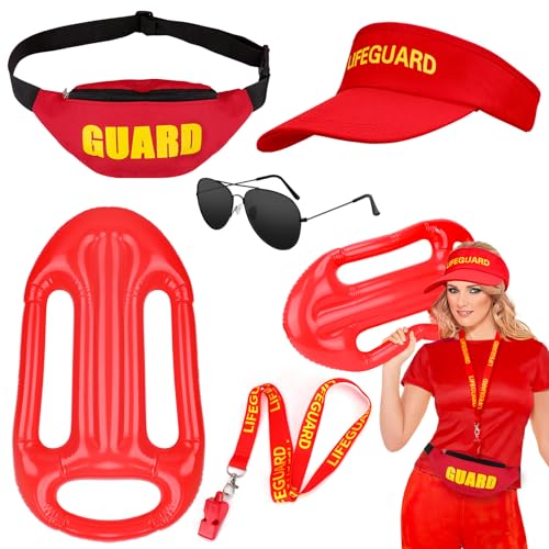 SelfTek Lifeguard Kostüm für Damen und Herren, Rettungsschwimmer Kostüm Set Baywatch Kostüm, Rettungsboje, Zubehör, Rot, Verstellbare Sonnenschutz Hut für Karneval Halloween
