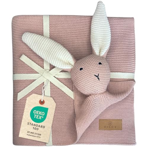 DIKOS® Original Babydecke SCHMUSE-HASE rosa | 100% Bio-Baumwolle Neugeborenen Decke | nachhaltige Kuscheldecke Strick Mädchen | Schmusedecke Kinderwagen | Baby Erstausstattung | Geschenk zur Geburt
