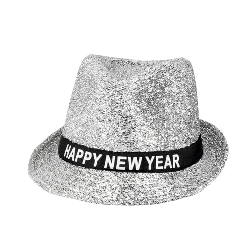 Boland - Hut Happy New Year mit Glitzer, funkelnder Fedora für Silvester, Hutband mit Schrift, Neujahr, Silber