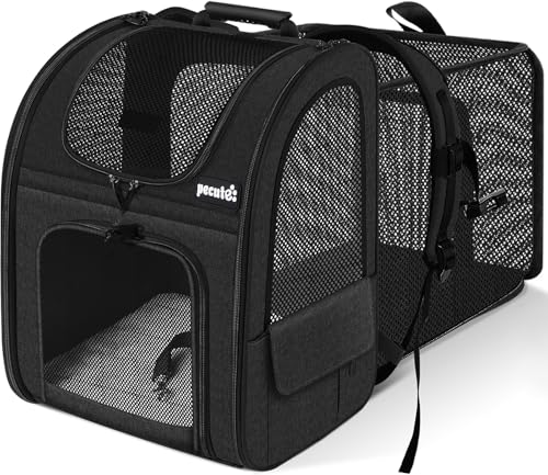 pecute Haustier Expansions Rucksüke für Hund und Katzen mit Front Opening-Mesh Fenstertaschen, Tragbare und Erweiterbare Ourdoor Faltbarer Raum Tragetasche,Schwarz (maximale Geladen 6kg)