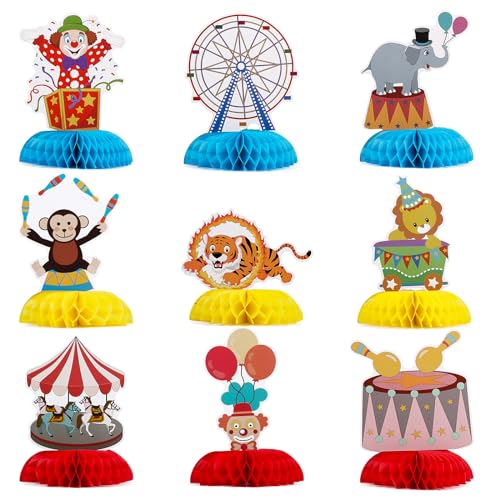 BOFUNX 9 Stück Karneval Bienenwaben Tischdeko 3D Clownkopf Zirkus Tier Thema Party Mittelstücke Dekoration für Fasching Karneval Kinder Zirkus Geburtstag Party