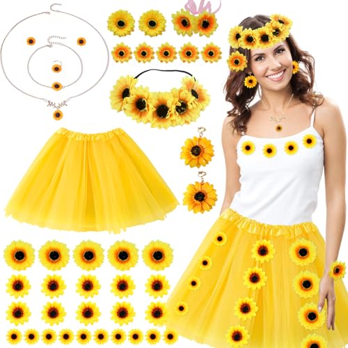 Sonnenblumen Kostüm Damen, 40 Stück Sonne Blumen Kostüm Damen mit Tüllrock Anhänger Ohrringe Haar Accessoire, Sonnenblumen Kostüm für 70er, 80er Jahre Karneval Halloween Fasching Mottoparty Cosplay
