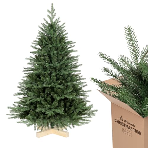 SALCAR Weihnachtsbaum künstlich 180 cm mit Holzständer, PE naturgetreue Spritzguss Elemente & PVC Nordmanntanne, 1,8 m Tannenbaum künstlich (Ø 122 cm)