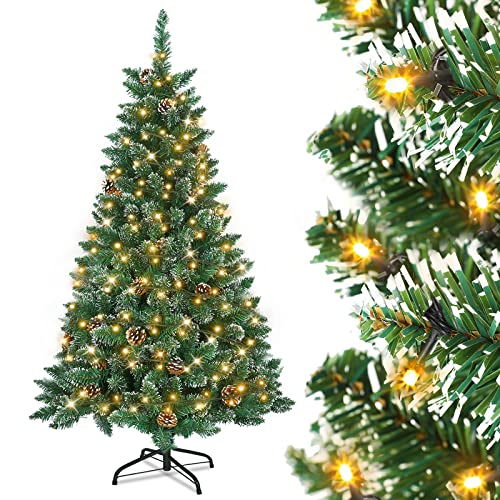 Aufun Künstlicher Weihnachtsbaum Tannenbaum mit Beleuchtung 250 LED warm-weiß inkl. Metallständer 570 Spitzen, PVC Christbaum für Weihnachten-Dekoration (150cm, Schnee-Effekt+Kiefernzapfen+LED)