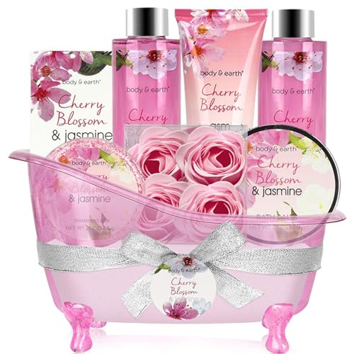 BODY & EARTH Geschenke für Frauen 8 tlg, Kirschblüten und Jasmin Duft, Schaumbad, Duschgel, Badesalz, Bodylotion, SPA Geburtstagsgeschenk für Frauen, Geschenke für Mama, Freundin