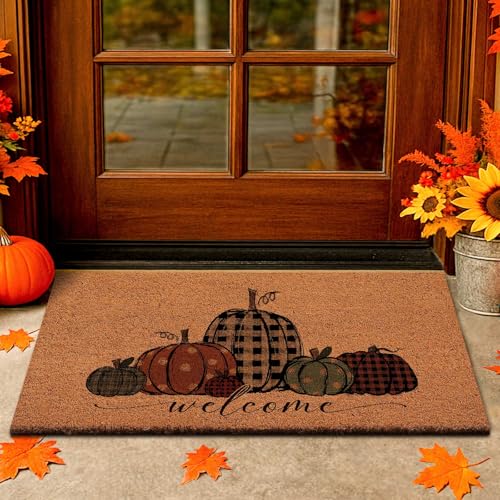 Lanpn Willkommens Fußmatte Herbst Kürbis Kokosmatte, 42x75 cm rutschfeste Schmutzfangmatte, Thanksgiving Fussmatte Eingangsbereich Matte, Badematte Türmatte für Innen/Außen Welcome Door Mat