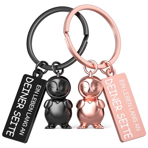 Pinguin Schlüsselanhänger, Pärchen Schlüsselanhänger Freund, Partner Liebe Schlüsselanhänger, Geschenk für Freund, Jahrestag Geschenk für Ihn, Geschenke Valentinstag Geburtstag, Schwarz & Roségold