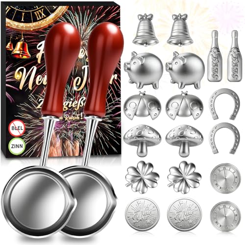 Zinngießen Silvester Spiele Set 2026-20 Zinngießen Set mit 18 Stück Zinn Giessen und 2 Löffeln, Gesunde Alternative Zum Bleigießen für Partyspiele Deko Silvester Geschenke Neujahrsgeschenke