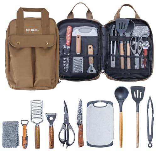 Sadodo Camping Küchenhelfer Utensilien Set 11 Teilig,Mit Organizer Tragtasche,Silikon Edelstahl Kochutensilien Küchengerät Set Outdoor Kochgeschirr Set