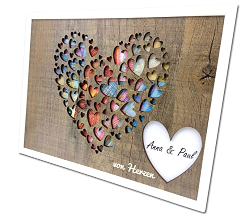 Geldgeschenk im Bilderrahmen – Hochzeitsgeschenk, Geburtstagsgeschenk, Geschenk zur Hochzeit – Holzdekor mit Herz-Design – Inklusive personalisierbarem Element & Gravur Von Herzen