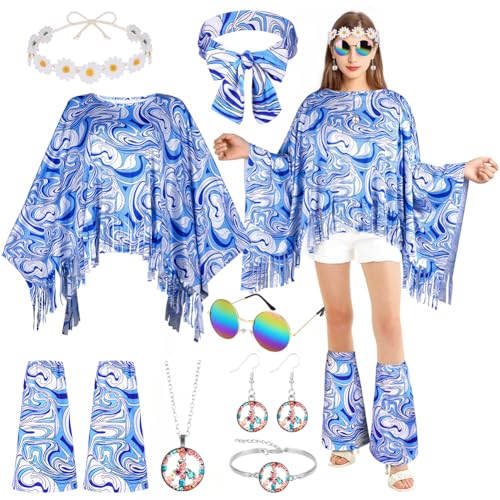 AOOWU Hippie-Kostüm für Damen Set, 10 Stück 60er 70er Jahre Bekleidung Hippie mit Umhang Überstiefeln Sonnenbrille 2 Stirnbändern und Accessoires mit Karneval Kostüm Halloween