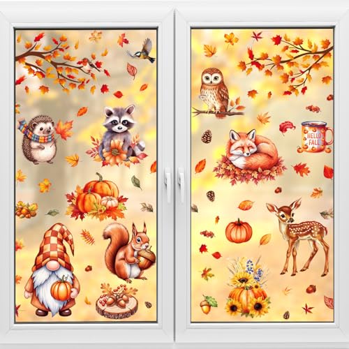 9 Blätter Fensterbilder Herbst selbstklebend – 67 Stück Herbstdeko Fenster Aufkleber doppelseitig – Fensteraufkleber für Kinder & Erwachsene – wiederverwendbar – Thanksgiving Fenster Deko