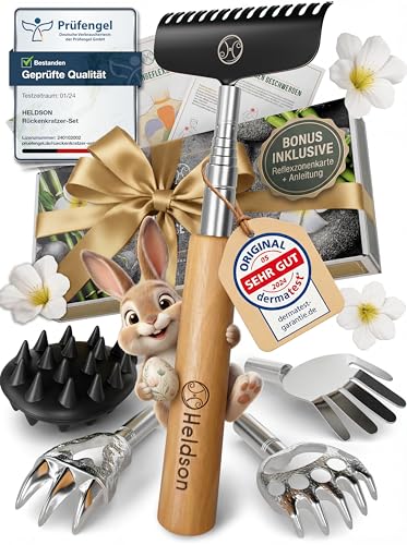 HELDSON® Rückenkratzer Holz [Inklusive 5 Kratzaufsätze] - stufenlos ausziehbar - Ostern - Vatertag - Kratzhand - Back Scratcher - Rücken Massage Kratzer - Geschenk für Senioren, Frauen & Männer