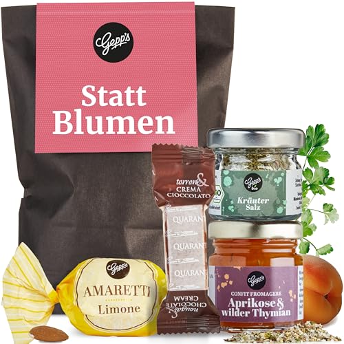 Gepp’s Feinkost Wundertüte Statt Blumen I Geschenkbox als Dankeschön, Geburtstag Mitbringsel für Kollegen I Kleines Geschenkset mit Kräutersalz, Konfitüre, Pralinen I Geschenkidee