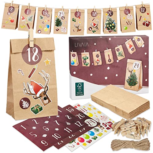 LIVAIA Adventskalender 2025 Frauen, Männer und Kinder: DIY Set zum Befüllen mit kleinen Geschenken - 24 bedruckte Papiertüten, Holzklammern, Adventskalender Tee Aufkleber - Ideal für Geschenke