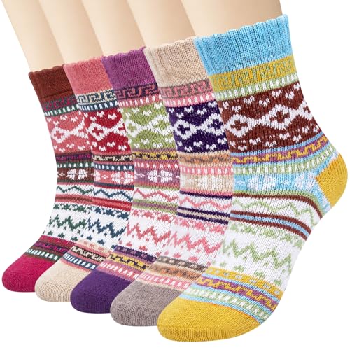 YSense Snug 5 Paar Damen Winter Wollsocken, atmungsaktive weiche dicke Socken bunte Farbe Premium Qualität klimaregulierende Wirkung MEHRWEG