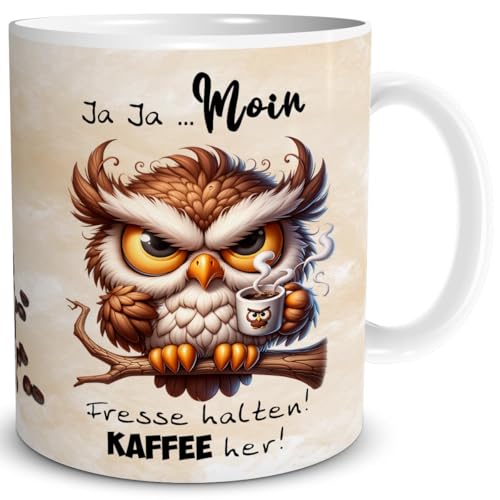 TRIOSK Tasse Morgenmuffel Eule lustig mit Spruch Moin Fresse halten Kaffee her Spaß Kaffeemotiv Geschenk für Kaffeeliebhaber Frauen Männer Eulenliebhaber Kollegen Beige, Keramik 300ml