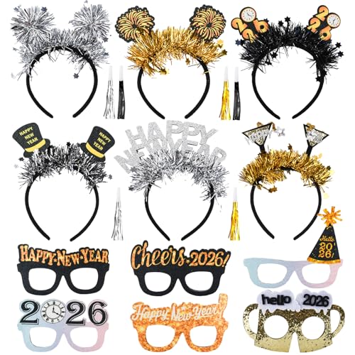 ZUSUZU Silvester Deko 2026,Silvester Haarreif Set,Neujahr Party Dekoration Set,Silvester Brille 2026 Happy New Year Deko Kopfbedeckung Party Fotoautomat Requisiten Zubehör Party Kostüm
