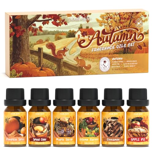 SoulOrigin Herbst ätherische Öle Set, sechs Aromen Duft Öl Set für Öldiffusoren, Seife Kerze machen Dufte 6x10ml - Kürbis Gewürz, Muskatnuss, Apfelkuchen, Herbst Ernte, Ahornsirup und Zimt
