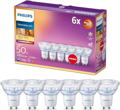 Philips LED Classic GU10 Lampen Warm Glow 6-er Pack (50 W), dimmbare Reflektor LED Spots mit warmweißem Licht, energiesparende Lampen mit langer Nutzlebensdauer, Warmglow Dimmbar