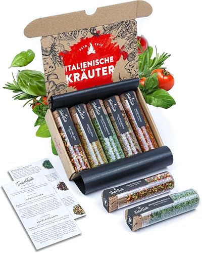 TIMBER TASTE® 5 Italienische Gewürze Geschenkset - Italienisches Kräuter Gewürz Set als Geschenk für Erwachsene Männer - Pasta & Pizza Geschenke zum Kochen - Pizzagewürz zum Geburtstag