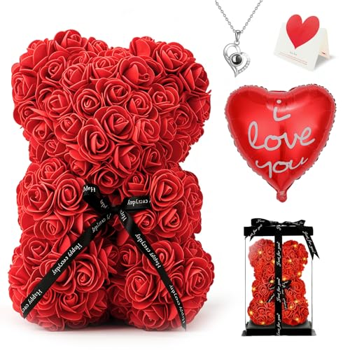 Rosenbär, Rose Teddy Bär, Geschenk zum Valentinstag für Sie, mit Geschenkbox,LED-Leuchten,Halskette,Liebeskarte und Liebesballon,für Muttertag, Valentinstag, Jubiläum