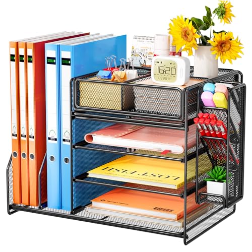 Schreibtisch Organizer mit Aktenhalter – 5-Tier Briefablage Ablagefächer mit Schublade, 4 Stifthalter, Schreibtisch-Aufbewahrung, Zeitschriftenhalter für Bürobedarf, Dokumentenaufbewahrung (schwarz)