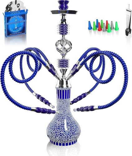 Shisha Komplettset mit 4 Schläuchen, 22'' Großes Shisha Kit für bis zu 4 Personen mit allem inklusive, Keramikschüssel | Premium-Schlauch| Schöne Glasvase (Blau GR1)
