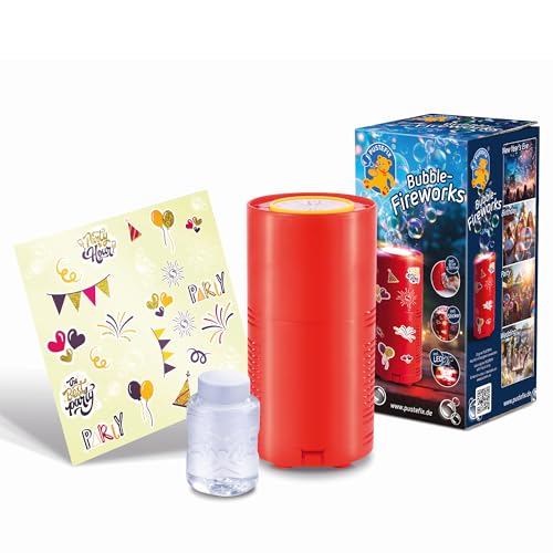 PUSTEFIX Elektrische Seifenblasenmaschine Feuerwerk & 80ml Flüssigkeit - Mit LED-Licht, Seifenblasen Kinder-Set Indoor/Outdoor für Geburtstag, Silvester & Hochzeit