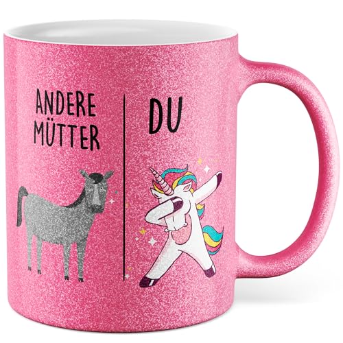 Tasse Mutter Geschenk Andere Mütter - Du, Kaffeetasse Mama Geschenk für Frauen Schwangerschaft Baby, Geschenkidee Freundin Frau Kind Geburtstag Muttertag Weihnachten Kaffee-Becher (Weiß/Glitzer)