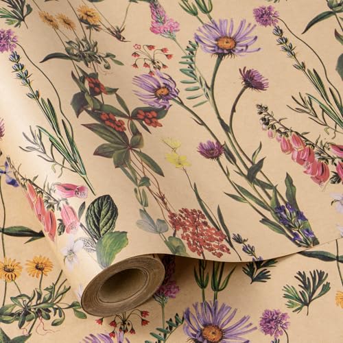 RUSPEPA Kraft-Geschenkpapierrolle – Minirolle – Wildblumendesign, ideal für Geburtstage, Partys, Babypartys – 43,2 cm x 10 m