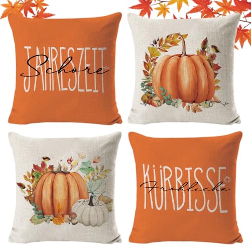 HIQE-FL Herbst Kissenbezug,4 Stuc Kissenhülle Herbst Kürbis 45 X 45 cm,Kissenhülle Herbst,Kissenbezuge Herbst Outdoor fur Bauemhaus ThanksgivingHalloween Bettwasche Wohnzimmer Herbst Dekoration.