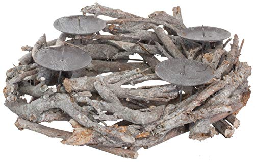 Brandsseller Adventskranz Holz ca. Ø 35 cm mit 4 Kerzen-Tellern Weidenkranz Weihnachts Deko Äste Grau