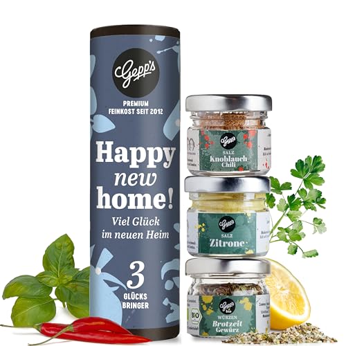 Gepp's Feinkost Gewürz Geschenk zum Einzug I 3 kleine Einzugsgeschenke für Haus & Wohnung I Probierset mit Zitronensalz, Knoblauch Chili Salz & Brotzeit Gewürz I Einweihungsgeschenk, Richtfest