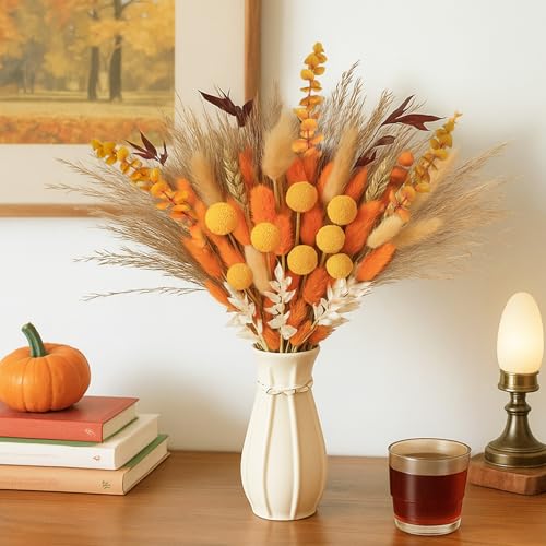 127 Stück Getrocknete Pampasgras Herbst, Herbstblumen Trockenblumen Deko, Natürliche Trockenblumenstrauß Herbststrauß, Deko Blumenstrauß für Herbst Hochzeitsdeko Boho-Blumen
