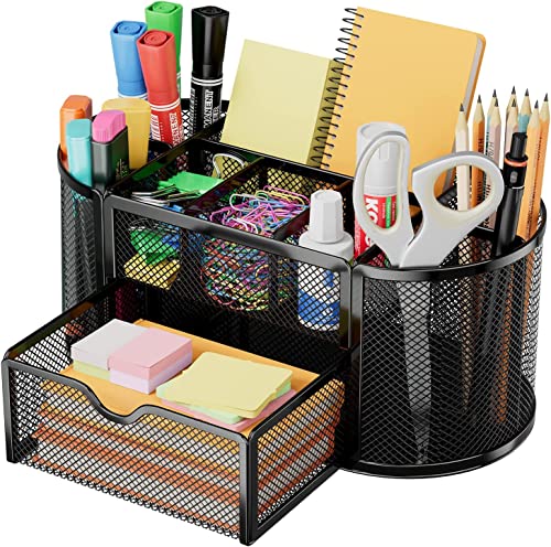 DHGKVK Schreibtisch Organizer,stiftehalter schreibtisch,Mesh Metall Desktop Büro Organizer mit 8 Stifthaltern und 1 Schublade,Es Platz zu Hause, in der Schule oder im Büro sparen. (Schwarz)
