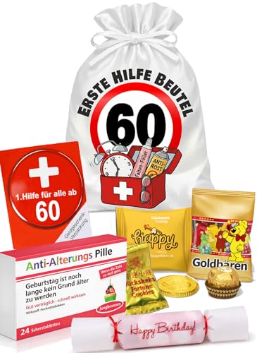 Erste Hilfe Beutel zum 60. Geburtstag mit Geschenkbox & Anti-Alterungs-Scherzpillen – Lustiges Geldgeschenk Verpackung inkl. Satinbeutel, Glückskeksen & Konfetti-Bonbon