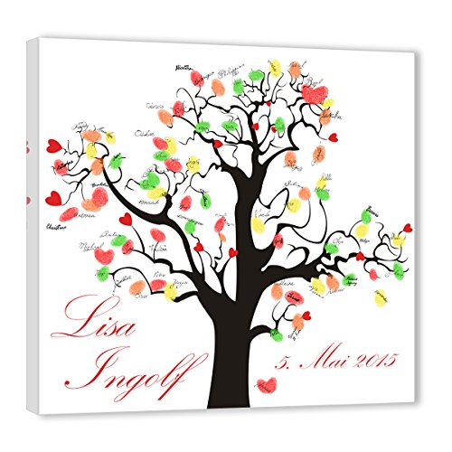 Fingerabdruck Baum Leinwand 60x60 mit NAMEN & DATUM - INKL Zubehör-Set (Stempelkissen+Stift+Anleitung+Hochzeitsbuch+...) - Herzchen braun - Hochzeitsbaum Fingerabdruck