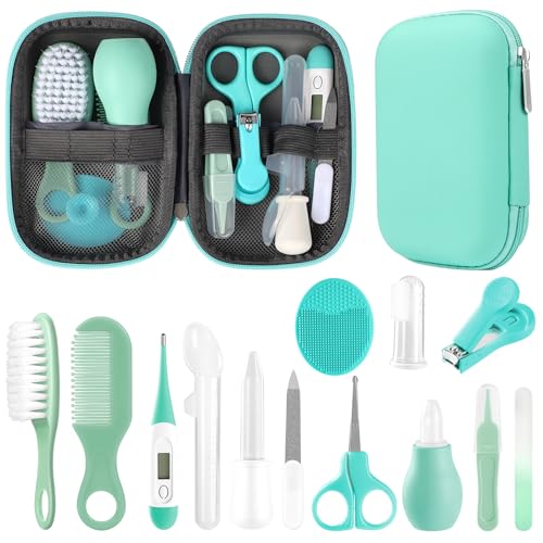 Baby Gesundheitswesen und Pflegeset, Säuglingssicherheitspflege Set mit Haarbürste, Kamm, Nagelknipser, Baby Essentials Kit für Neugeborene Mädchen Jungen (Grün 14 in 1)